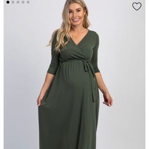 PinkBlush Olive Green Draped 3/4 Sleeve Maternity Maxi Dress